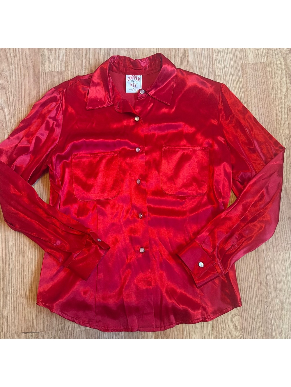 Vintage Copper Key Red Satin Button Up Shirt Size Medium